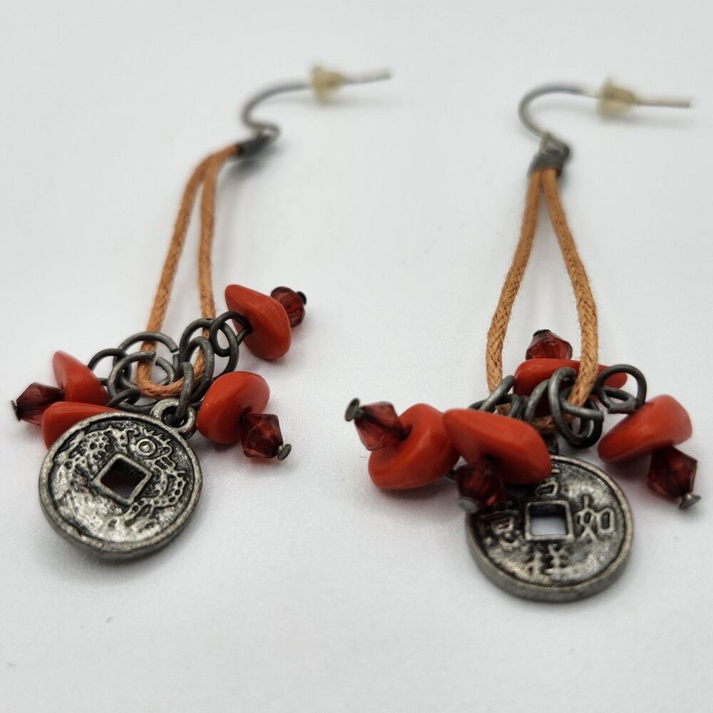 Chinese Cash Coin & Red Beaded Dangle Earrings